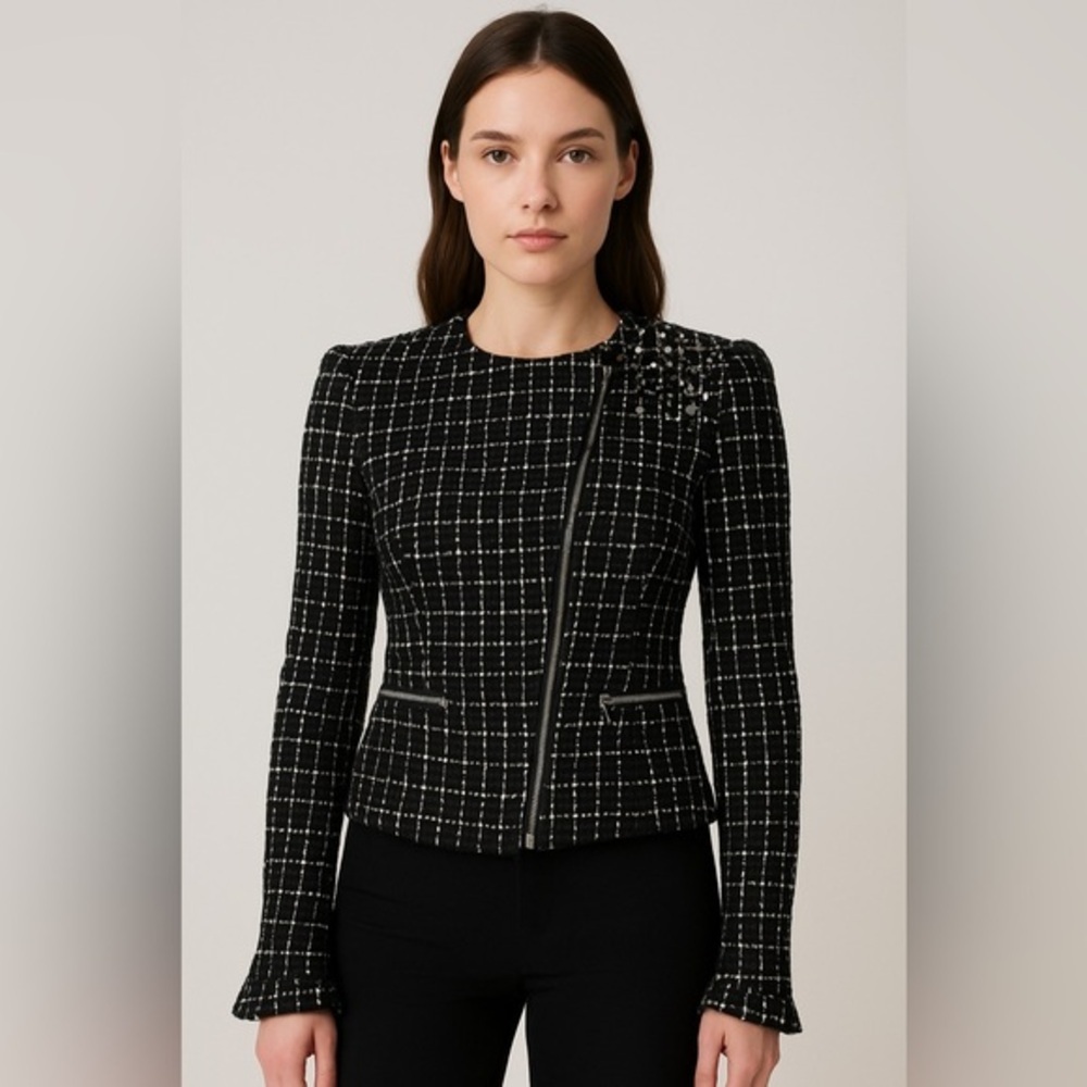 Willow & Clay Black & White Tweed Moto Jacket Size S